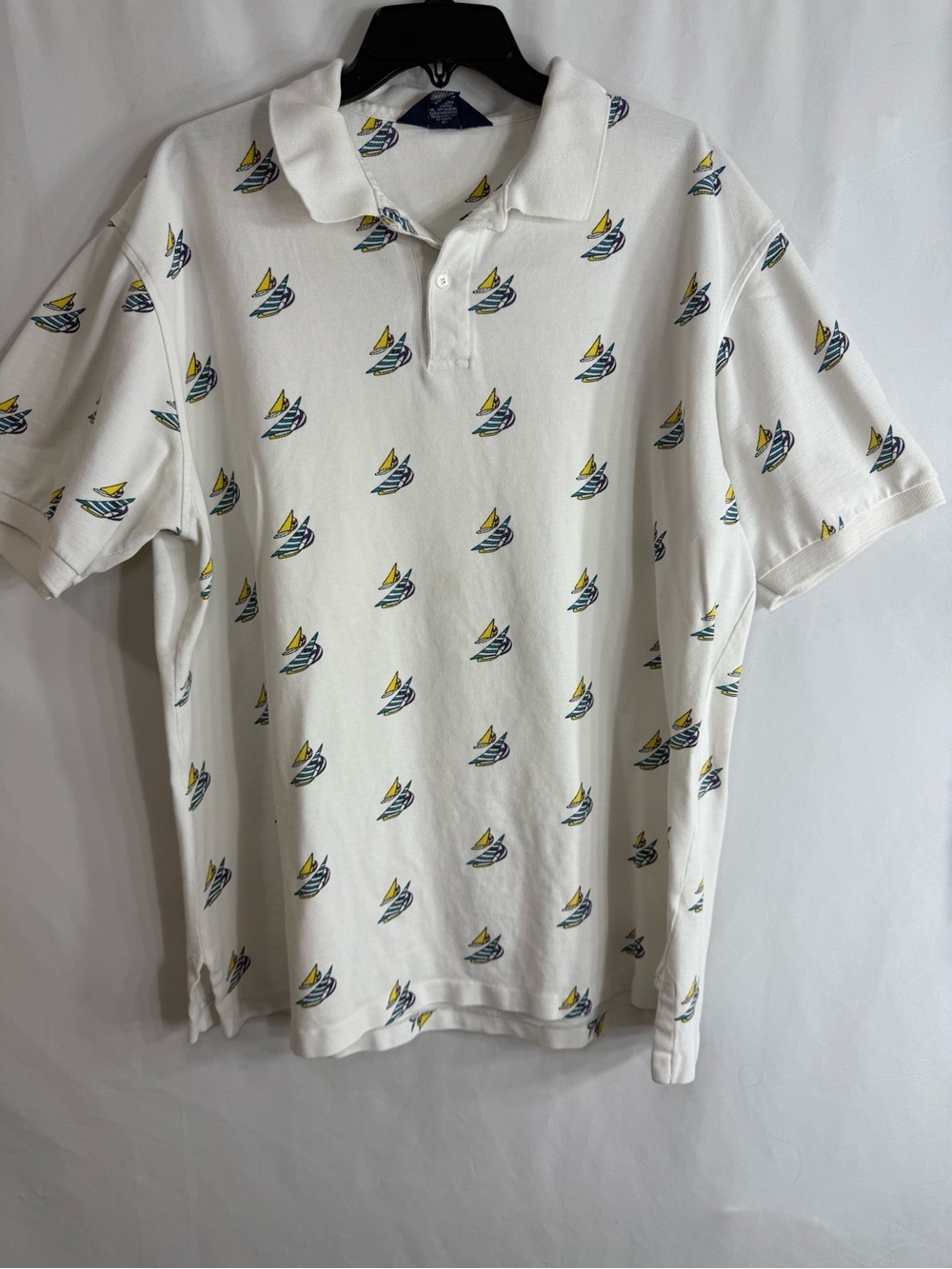 Vintage Lands’ End Sailboat Print Polo Shirt White Nautical Cotton Men’s Large